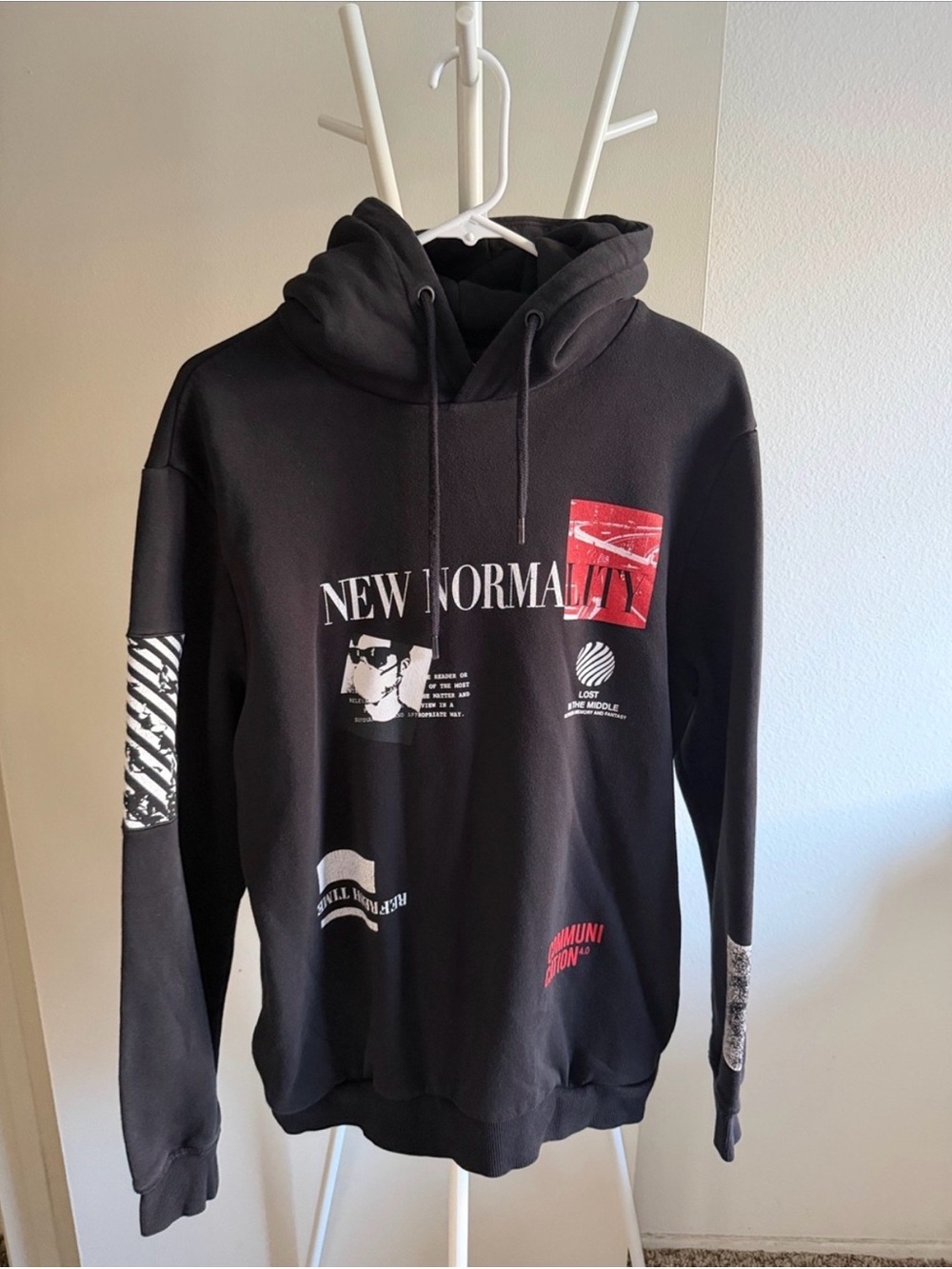 Bershka Black Graphic 'New Normality' Pullover Hoodie